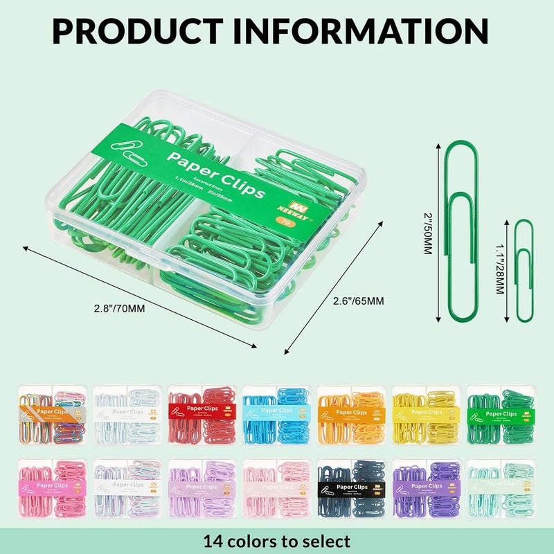 NEEWAY Colorful Paper Clips Assorted Sizes, Small and Large Paperclips, 210 Count, 3 Pack of 70 (Green) - Image 2